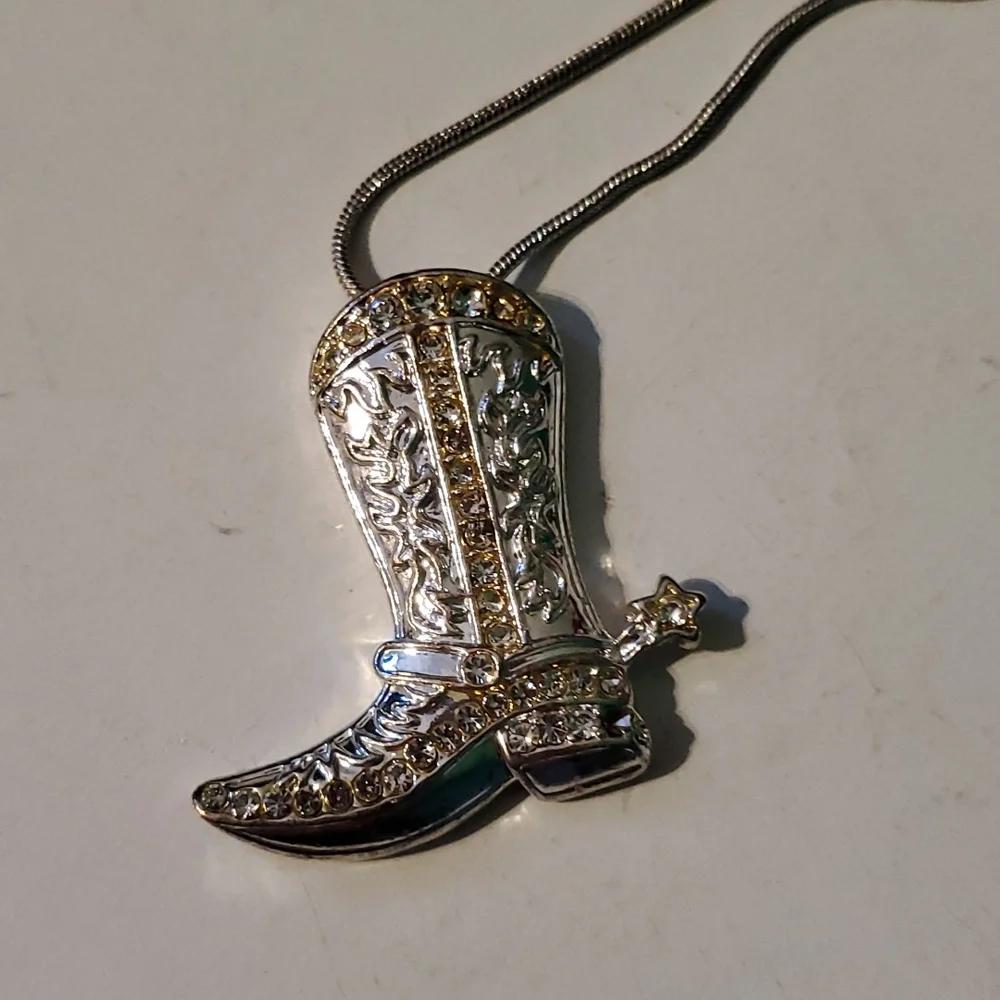 Fashion silver tone, jewel embellished, Cowgirl boot necklace